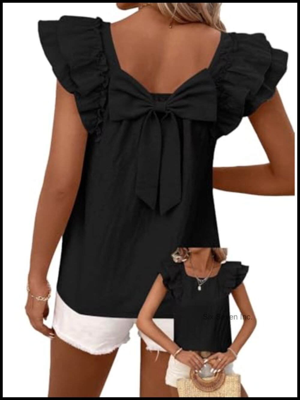 Womens Bow Tie Back Babydoll Blouse Ruffle Short Sleeve Vneck Top